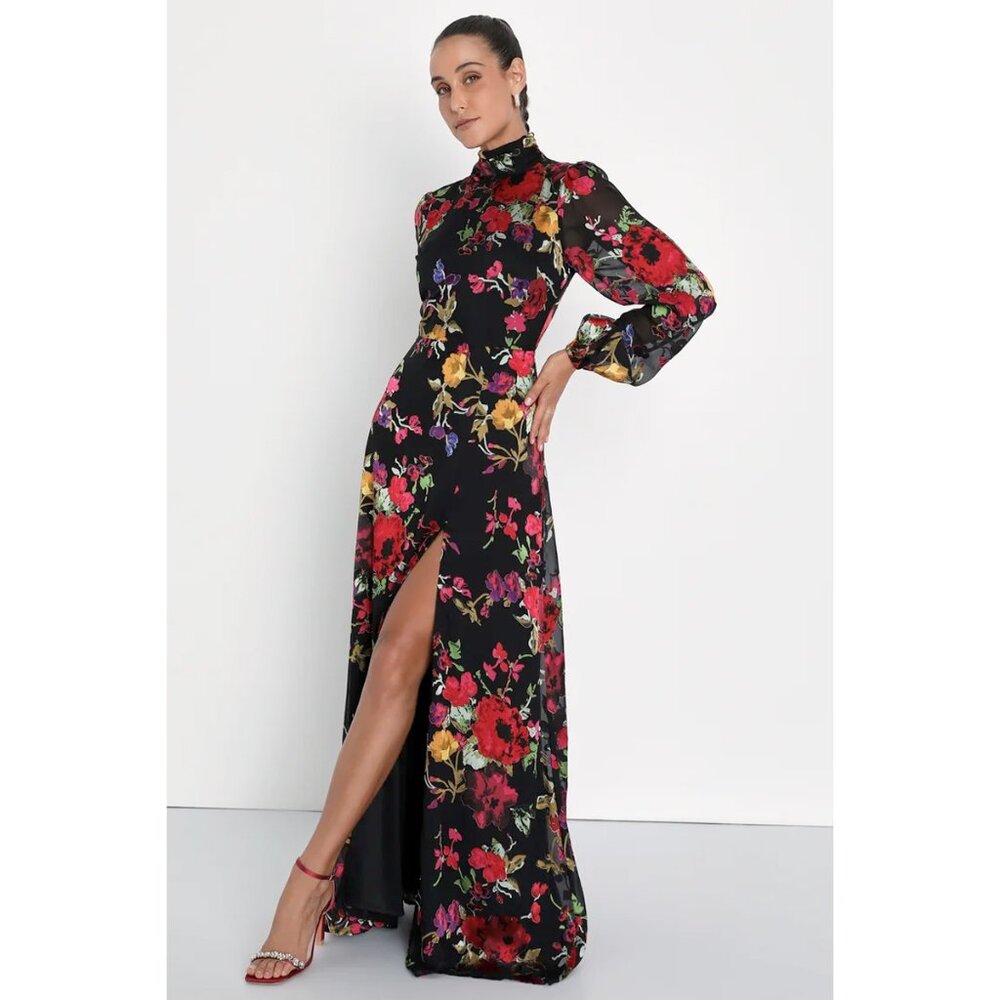 Graceful Arrival Black Floral Burnout Backless Maxi Dress